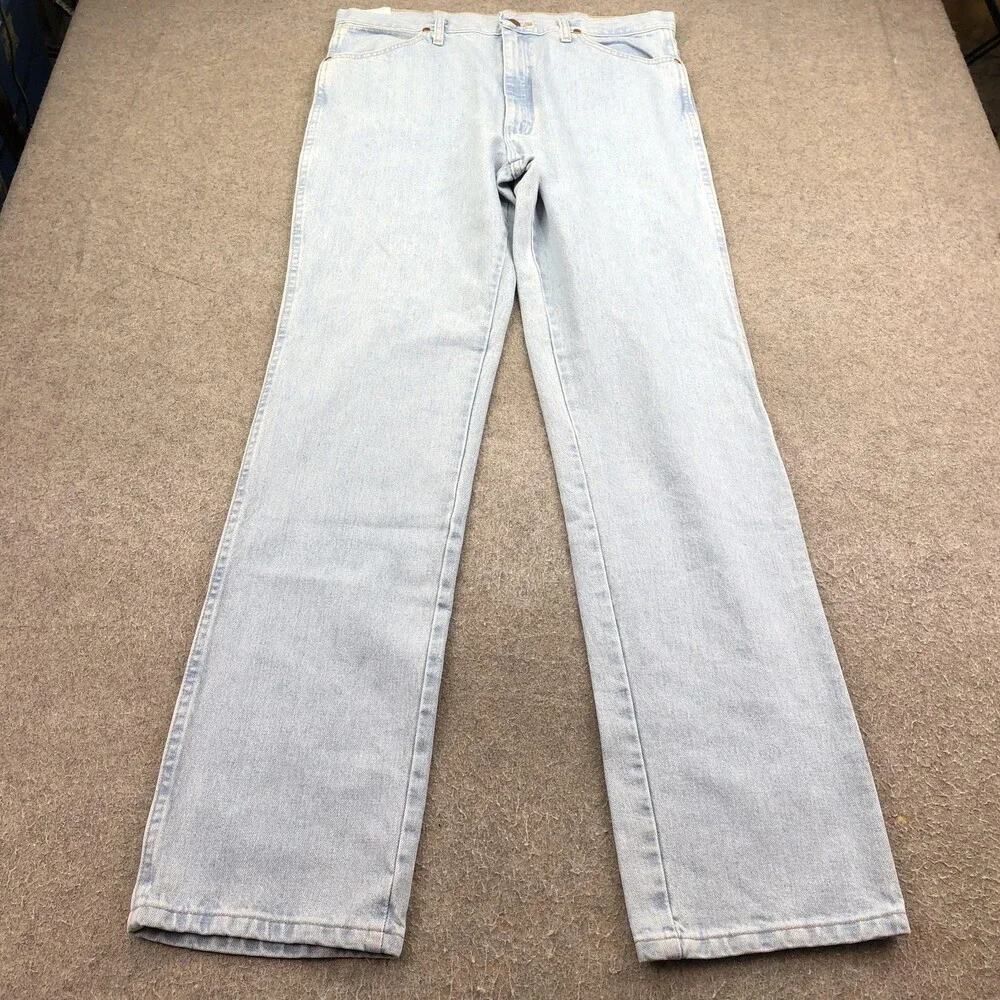 Wrangler Jeans Mens 36x34 Blue Light Wash Slim Straight Denim Cowboy Cut 936